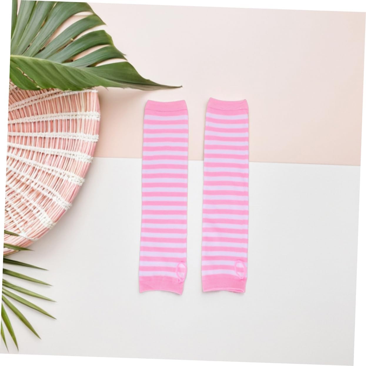 2 Pair Long Knit Arm Sleeves Women's Striped Fingerless Gloves Warm Wrist Arm Warmers Thumbhole for Cold Weather