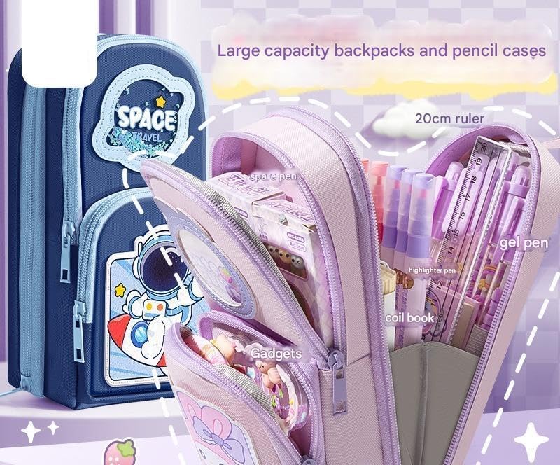 Image of Three Layer School Bag-Shaped Pencil Pouch, Large-Capacity Pencil Pouch with Zipper, Multipurpose Pen & Pencil Case for School Supplies for Boys & Girls (Pack of 1) (Creamy Bear)