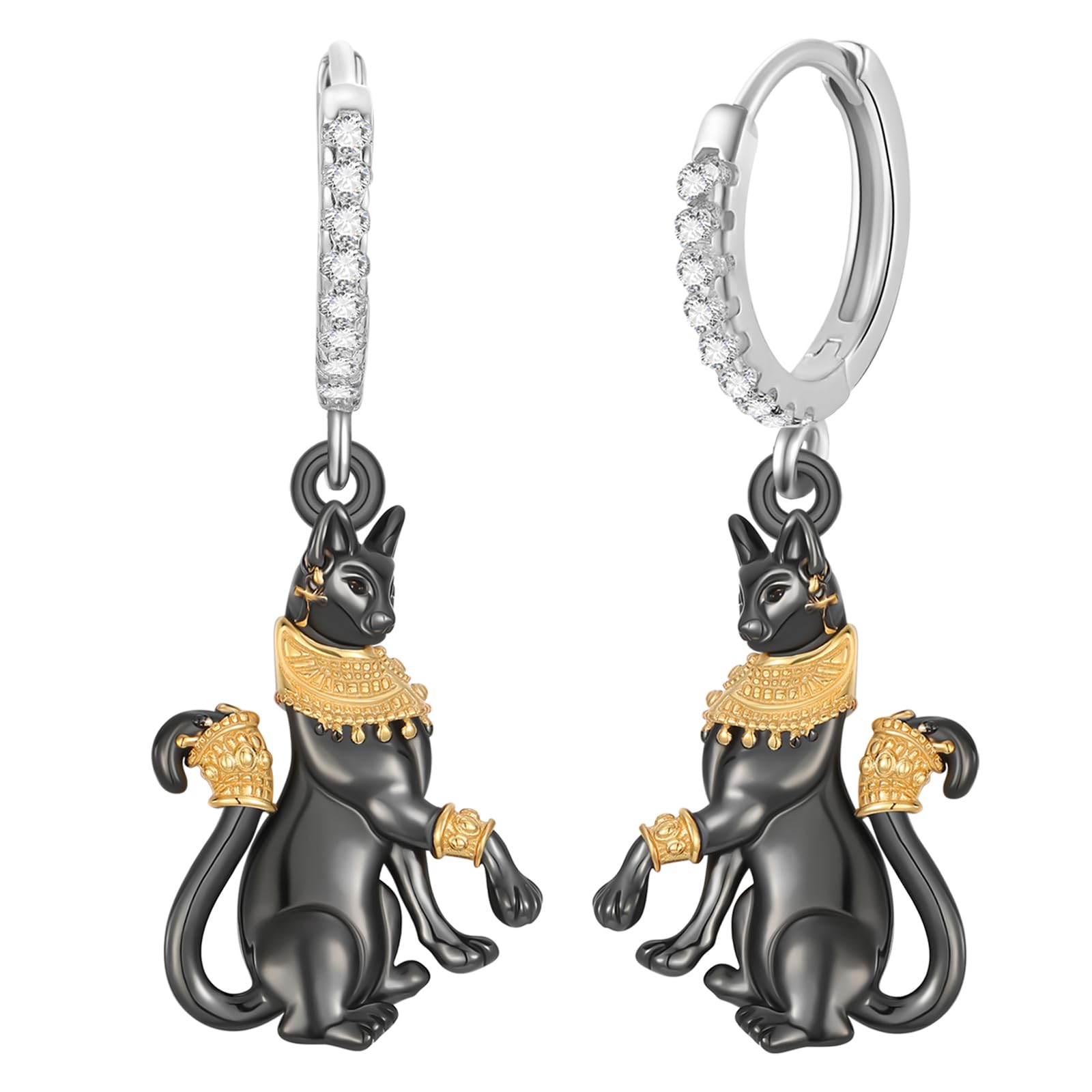 Egyptian Cat Earrings Sterling Silver Bastet Goddes Cat Kitty Dangle Earrings Ancient Egyptian Jewelry Black Animal Gifts for Women