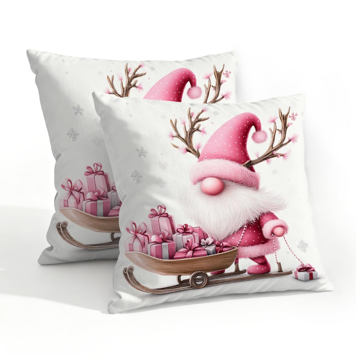 Outdoor Pillow Covers Waterproof Pillowcases 20x20IN Set of 2 Cute Pink Christmas Elk Santa Claus Sleigh Decorative Throw Cushion Case for Couch Sofa Garden Patio Furniture