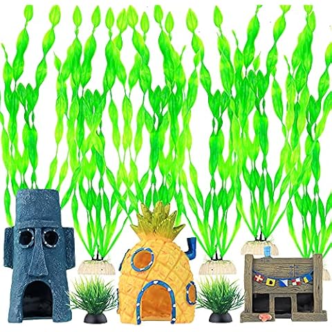 BEGONDIS 23 Pcs Aquarium Decorations Fish Tank Artificial Green Water Plants with Resin Ornament，Accessories Ornament Kit Cover