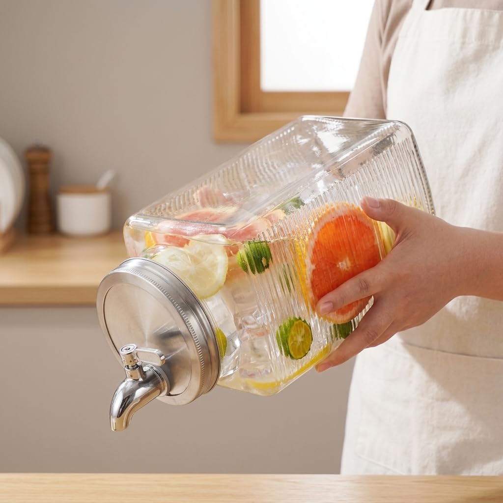 Dispenser Bevande Frigorifero Rubinetto, Struttura in vetro, Contenitore con dosatore, Per idratazione quotidiana, Per lavoratori d'ufficio, style to 1