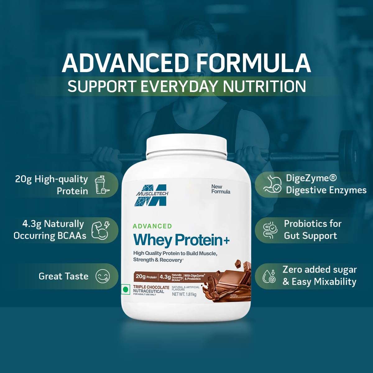 MuscleTech Advanced Whey Protein+ | 20 g Protein & 4.3 g BCAAs Per Serving | With DigeZyme® & Probiotics | Supports Muscle, Strength & Recovery | Triple Chocolate | 1.81 kg 2