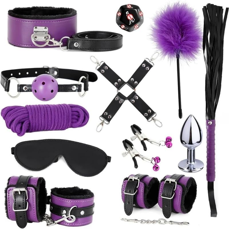 Indoor Soft and Elastic Yoga Practice Accessories for Couples, 12 Pieces in Purple and Black Leather, Sports and Fitness Gifts
