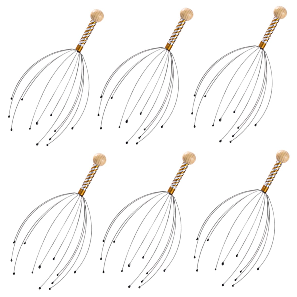 Healeved Masajeador de Cabeza y Cuero Cabelludo Forma de Tentáculos, 6 Piezas, Acero y Madera, Diseño de Puntos de Presión, Ligero, para Masaje Relajante