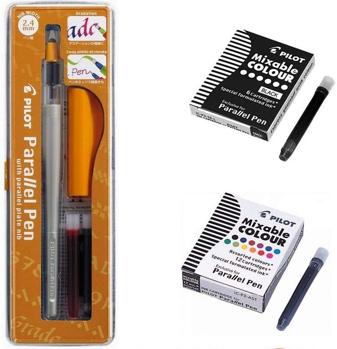 Set mit Pilot Parallel Pen 2,4 mm + 1 Box mit 12 Tintenpatronen, verschiedene Farben, + 1 Box 6 schwarze Patronen + 1 Lineal Lesezeichen aus Holz Blumie