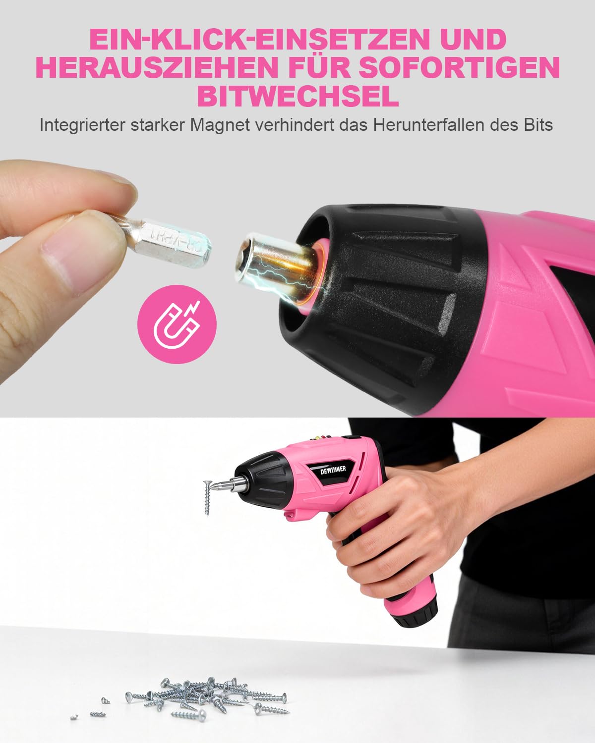 DEWINNER Destornillador Eléctrico Rosa 3N.m 1300mAh – Kit Taladro Destornillador Inalámbrico Recargable con Luz LED, Cable USB – Ideal para Bricolaje, Montaje de Muebles y Reparaciones Domésticas