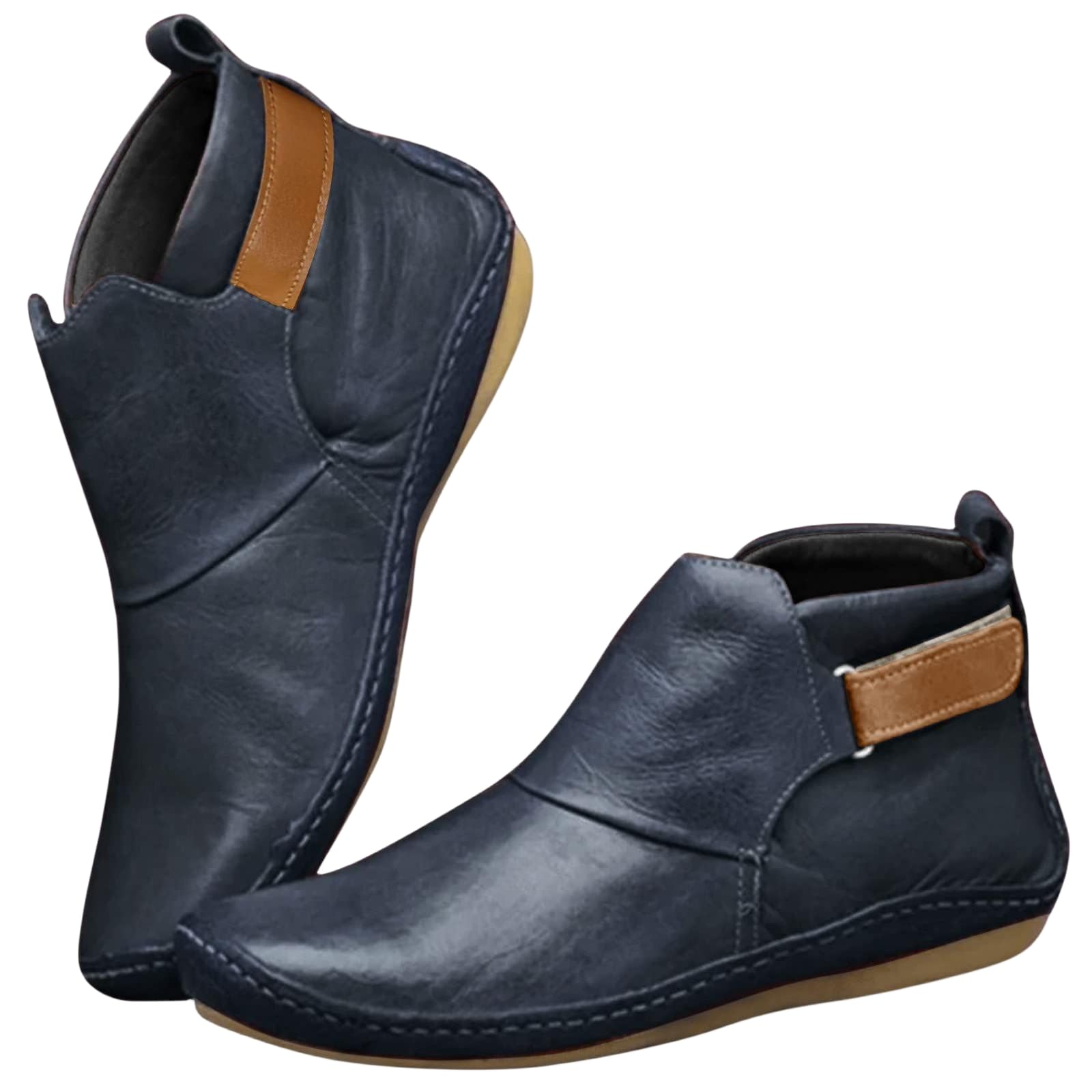 Leather Flat Ankle Booties for Women Vintage Round Toe Non-Slip Fall Boots Fashion Bussiness Dressy Comfortable Faux Leather