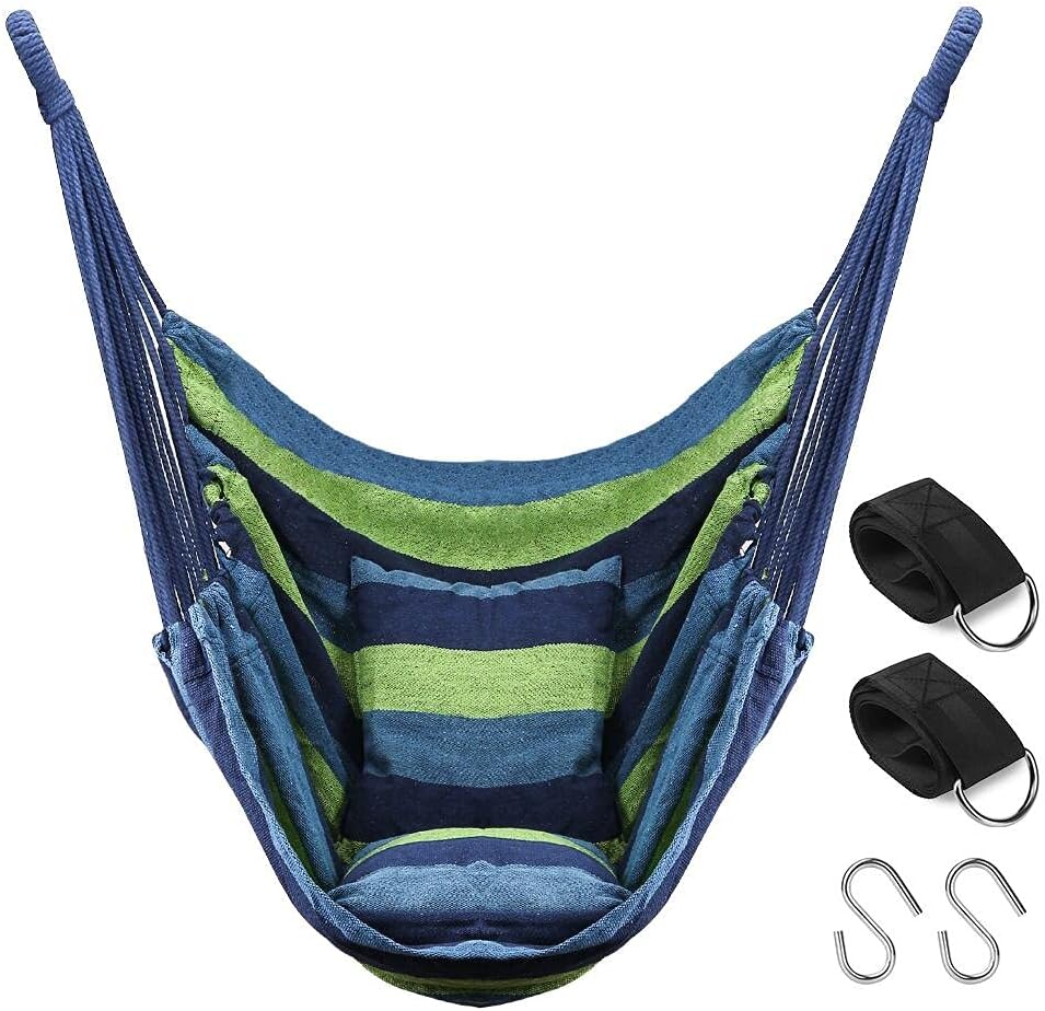 QF Hammock Chair Swing Hanging Hammock Chair with 2 Cushions, Hammock Swing Seat Cotton for Patio, Porch, Bedroom, Backyard, Indoor or Outdoor - Support 330lbs (Blue)