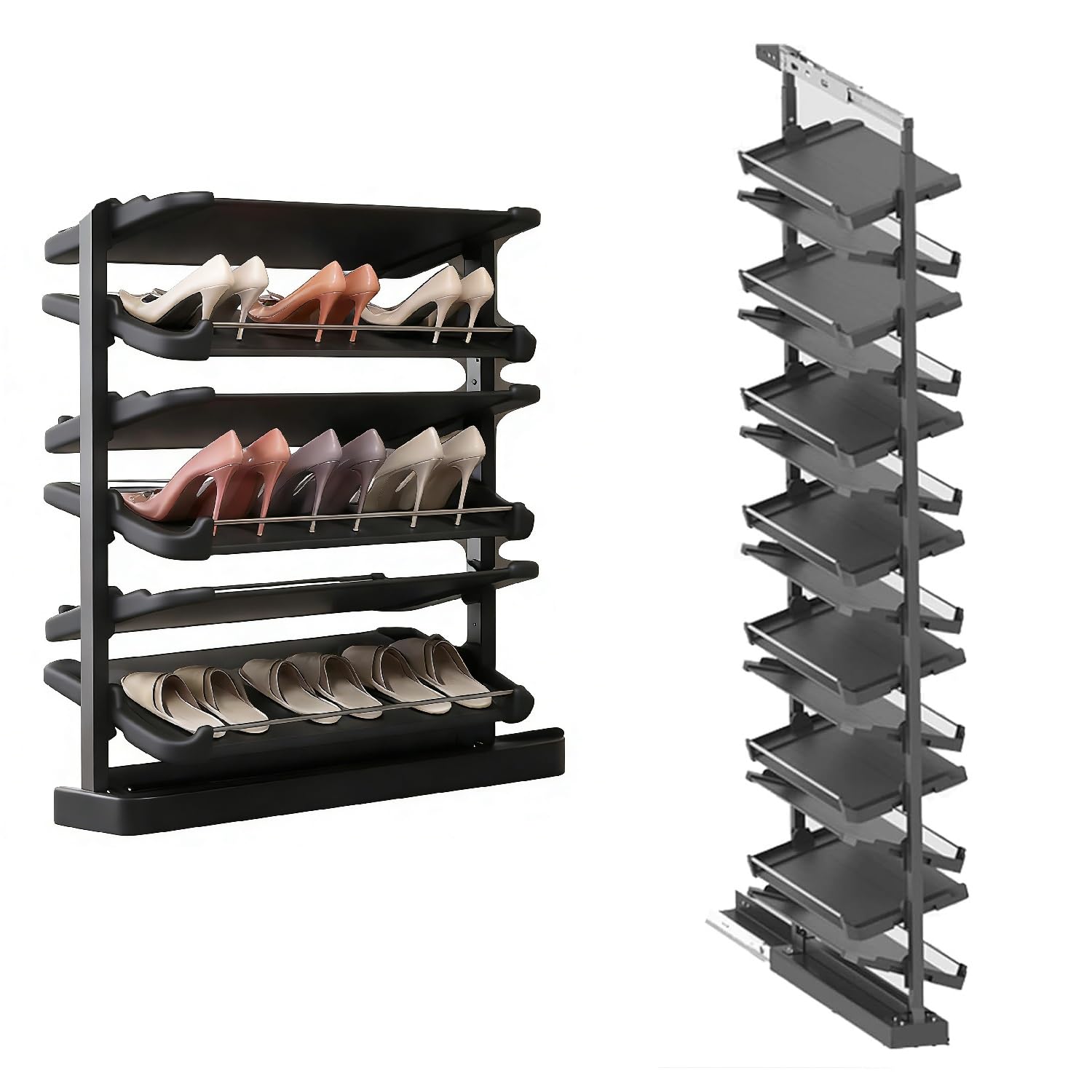Pull-Out Shoe Rack Organizer, Adjustable Height Retractable Metal Stackable Shoe Rack, Retractable Design, Vertical Storage, Maximize Space Utilization Perfect for Bedroom and Entryway