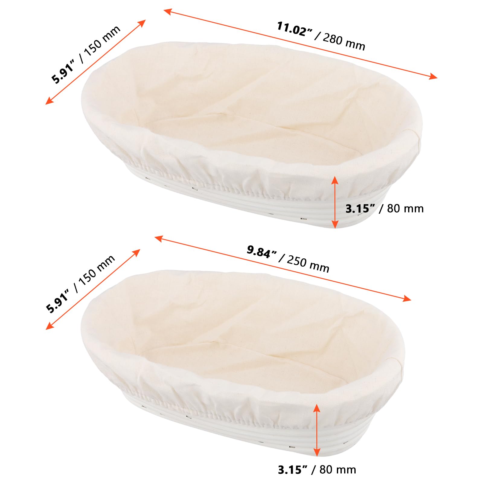 SINJEUN Banneton pour Pain - Lot de 2 Panier de Fermentation Ovales 25 cm et 28 cm en Rotin avec Tissu en Lin - Cuisson Levain