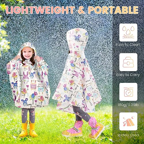 Image of LAMA Kid's Rain Poncho with Hooded, Reusable Waterproof Girl Rain Jacket, Lightweight Boy Girl Cute Rain Poncho for 3-7 Year