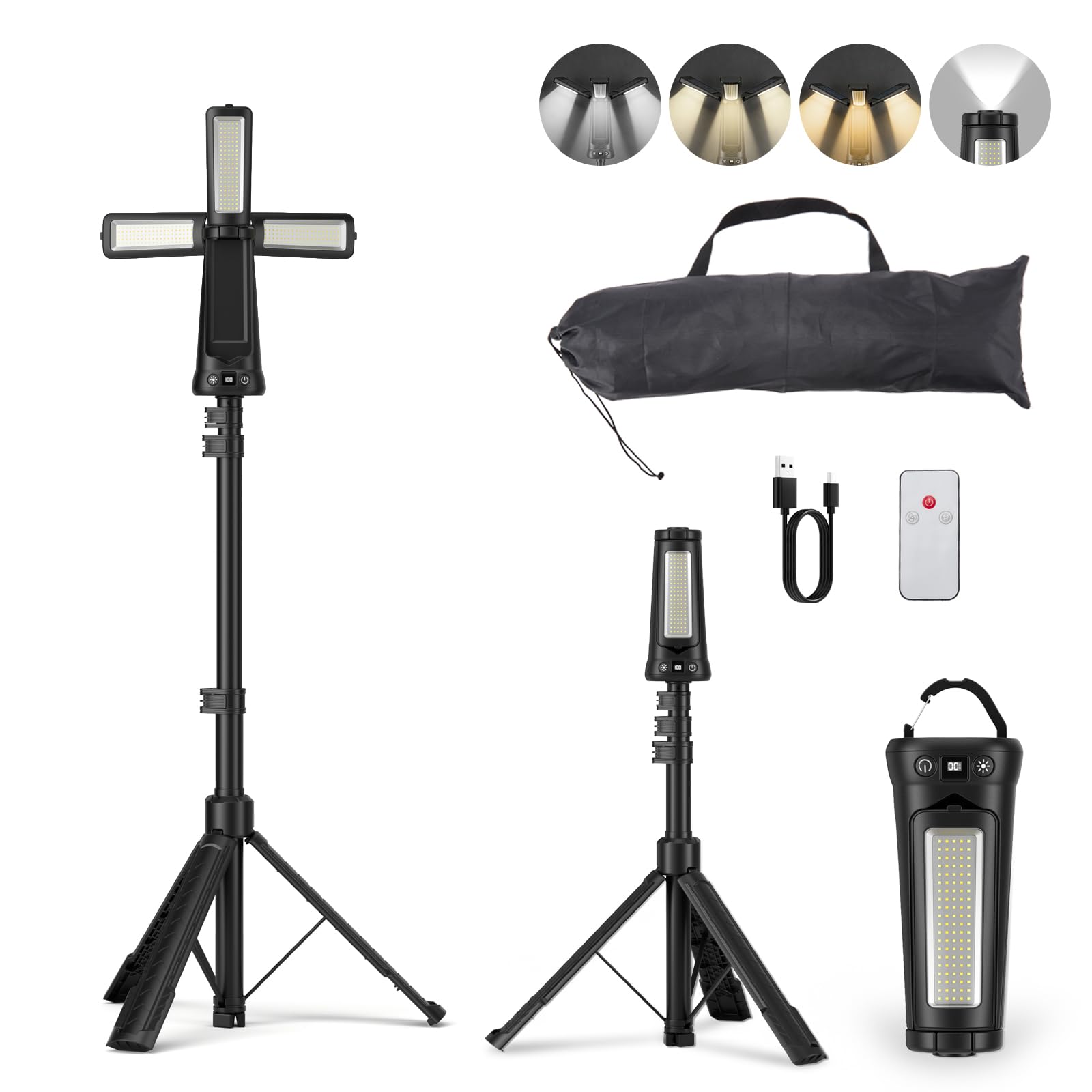 Faro LED Ricaricabile con Telecomando e Treppiede Telescopico（79,5 in), 9000LM Ultra Luminoso Faretto a Batteria,3+1 Teste Luminose, 9000 mAh, Faro da Cantiere per Officine Sport Campeggio Emergenze