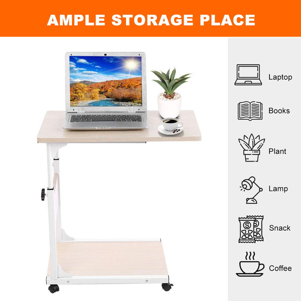 Ejoyous Tavolo Porta Laptop su Ruote, tavolino mobile per divano con divisorio di stoccaggio Comodino da caffè regolabile in altezza per soggiorno Camera da letto Ufficio ospedale(Acero bianco)
