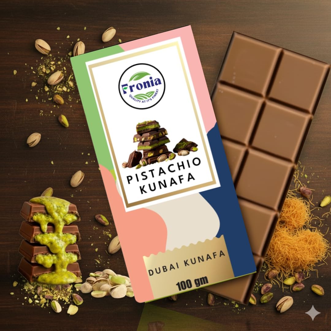 Fronia Dubai Kunafa Chocolate Pistachio. Premium Pista Kunafa Chocoalte 100gms. For Gifting, Anniversary, Birthday, Hamper, Valentines, Corporate Gifting.