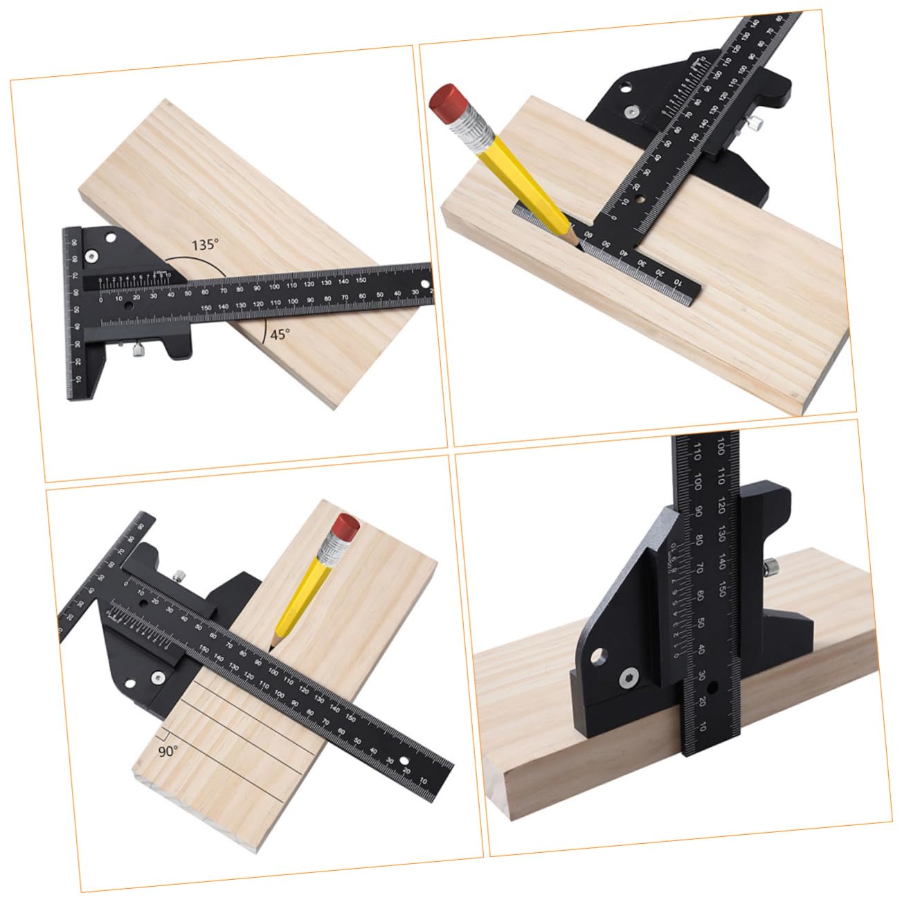Operitacx Regla Para Carpintería Multifunción De Aleación De Aluminio, Herramienta De Medición De 45°-90°-135°, Color Negro, Útil Para Construcción y Taller, Uso Profesional