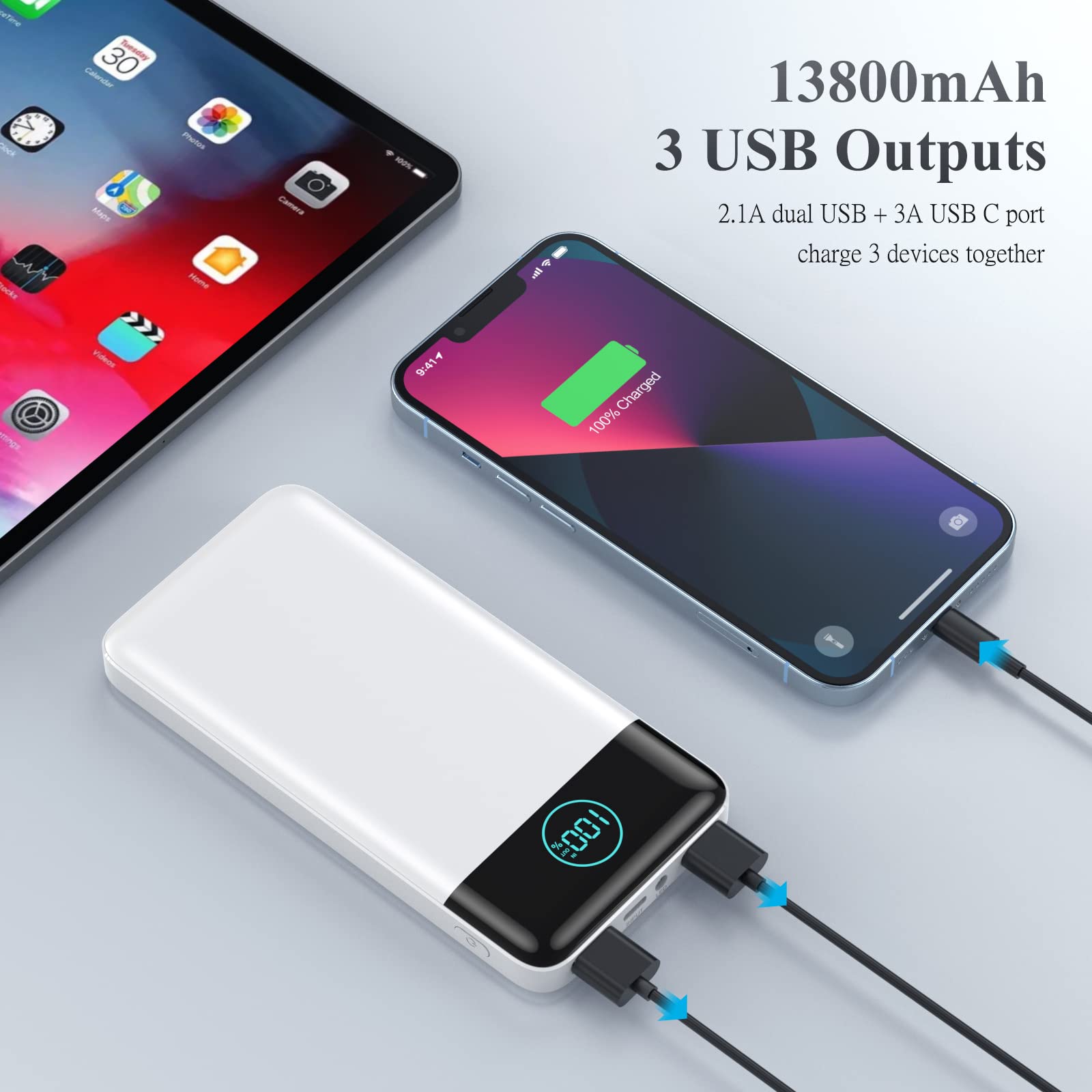 AXNEB Power Bank 13800mAh,Ultra Sottile & Leggero Caricatore Portatile con Display LCD,3A PD USB C Ingressi&Uscite Powerbank con Torcia LED Batteria Esterna per iPhone Samsung Huawei-Bianco perla