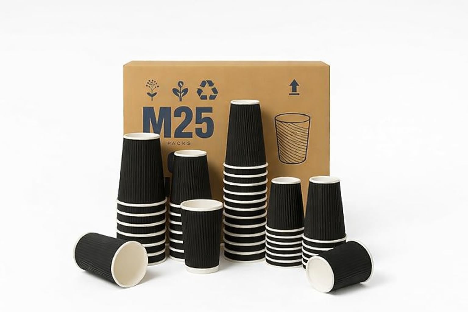 M25 Packs - 500 x Black 12oz Ripple Cups - 3 Ply Insulated Paper Cups - Disposable Hot Coffee Tea Drinking Cups
