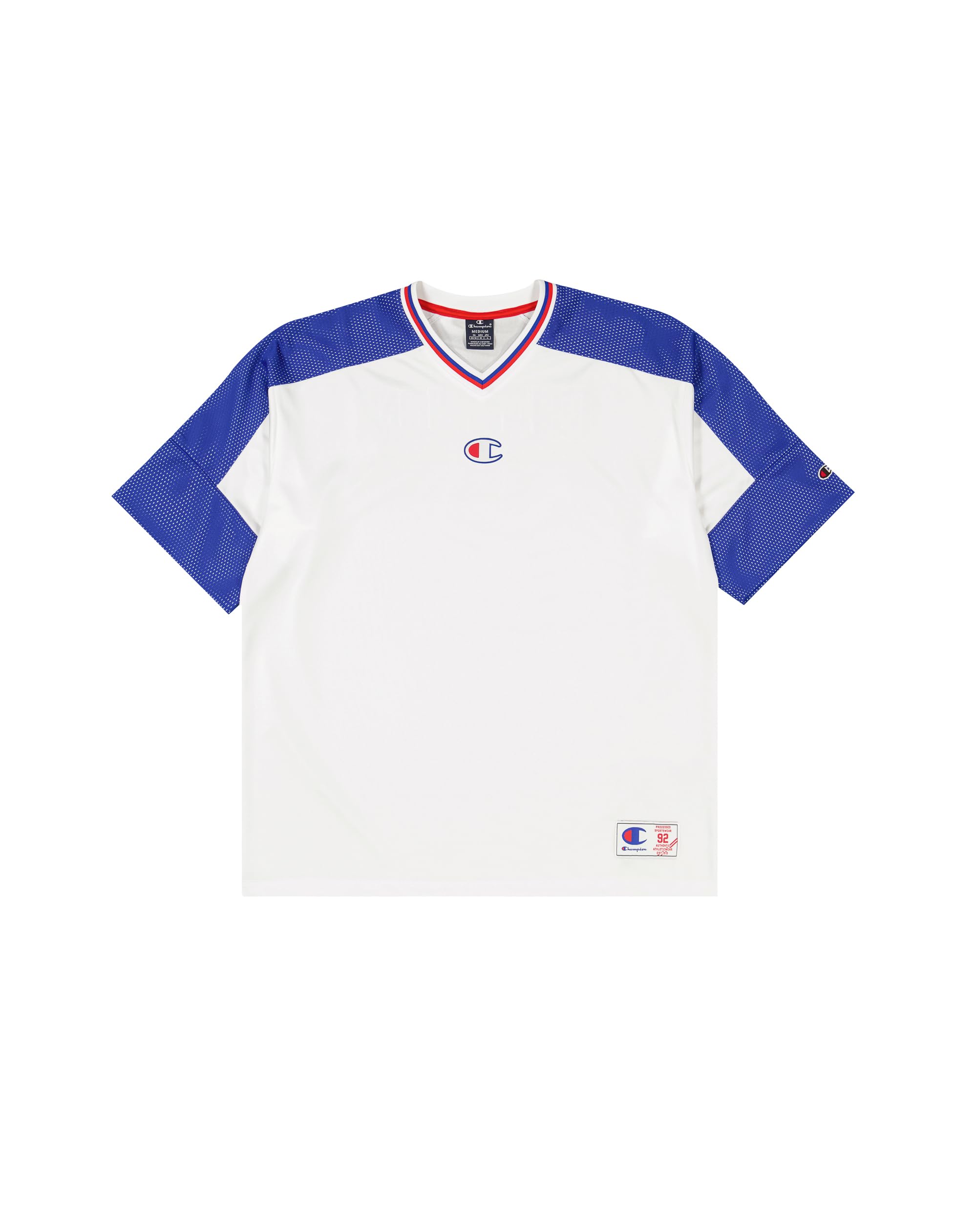 Champion Legacy Retro Sport (220329) – Shiny PolyWarpKnit Unbrushed Crewneck T-Shirt, White/Deep Blue (Wht/BAI/CRD), L Retro Sport Men's FW24, White/Deep Blue (Wht/Bai/Crd), L