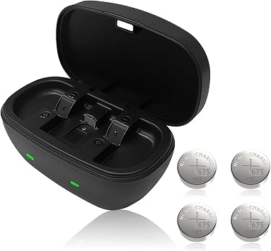 Rechargeable Hearing Aid Batteries Size 675 and Battery Charger Case, Hearing Aid Charger Replacement with 4 Packs Rechargeable Batteries for 675 Hearing Aid Charger + 4pcs 675 Batteries