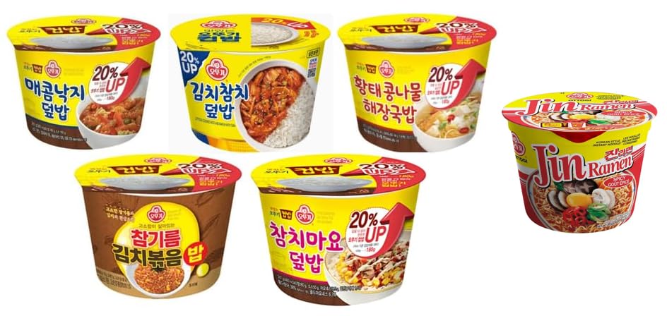 Ottogi Cupbop/ Cupbap/ Dupbap/ Cup Rice/ Cup Bahn /Cooked Rice with Spicy Octopus, Kimchi Sauce with Tuna, Dried Pollack Soup with Bean Sprout, Kimchi Fried Rice with Sesame Oil, Tuna with Mayonaise + Jin Ramen Spicy 오뚜기 컵밥 5종 세트 + 진라면 매운맛 ( 매콤낙지, 김치 참치, 황태콩나물 해장국, 참기름 김치볶음밥, 참치마요 덮밥 , 진라면 매운맛) Microwavable Rice Bowls Variety Pack Assorted Set , 6 Pack Set
