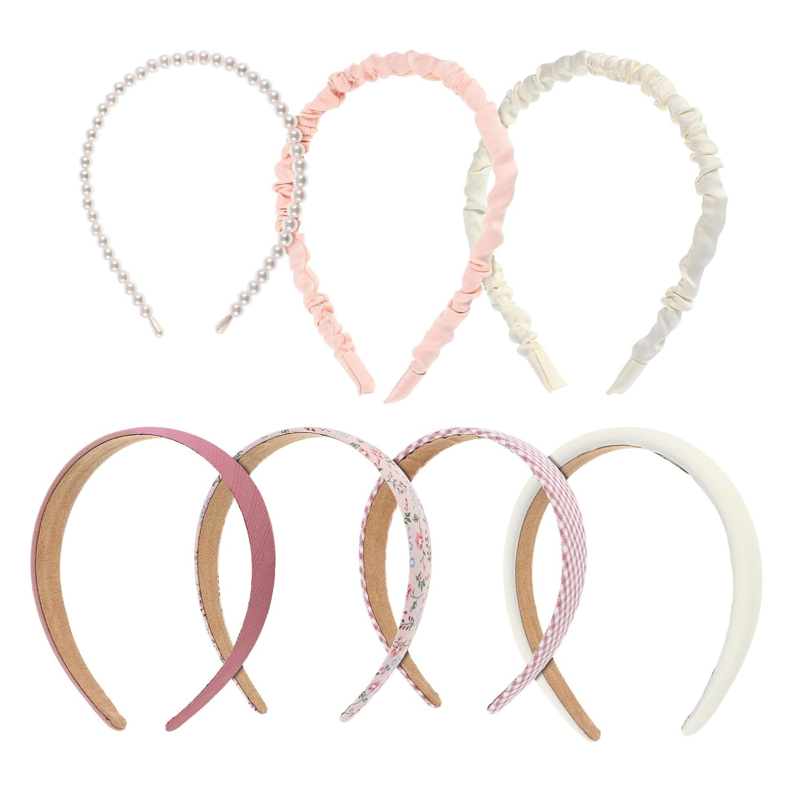 7Pcs Headbands Set,Assorted Fabric Hairbands for Women Girls with Pearl Floral Textured Designs Headband Cute Wide Head Bands Fashion Accessories for Ladies Kids Wedding Party Photoshoot Padded
