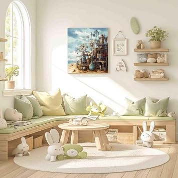 AErosx Bathroom Decor Wall Art Blue Beach Picture Ocean Theme Flower Canvas Print Modern Coastal Seascape Painting Framed Seaside Artwork -watercolor framed wall art,8x8 inch-Ready to hang, white-5