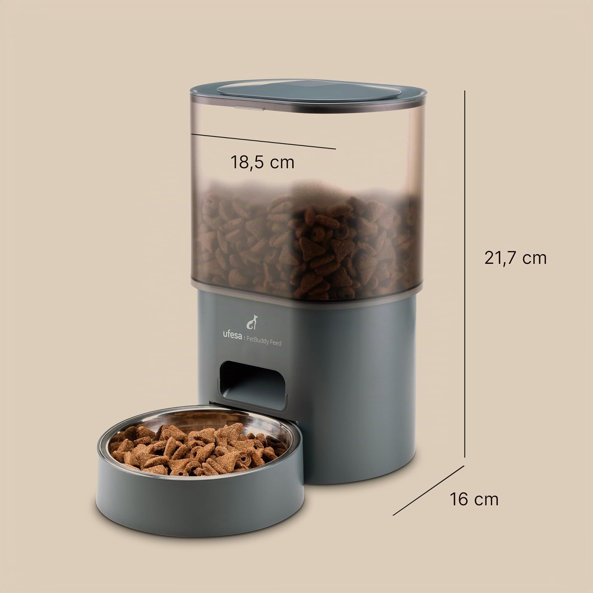 Ufesa Comedero Dispensador Automático para Mascotas 3L, Programable hasta 4 Comidas Diarias, Bol de Acero Inoxidable, Cable USB Antimordeduras, Sistema Antiobstrucción, Cierre Infantil y Alarma Sonora