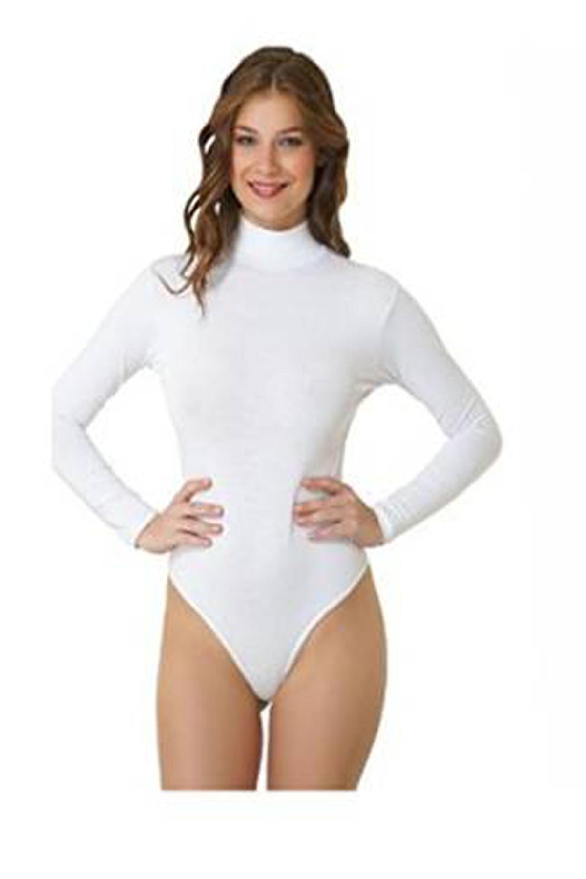 Elegance1234 Women's White Elegance Turtleneck Long-Sleeve Stretch Quality Leotard/Bodysuits(Viscose) (Xx-Large, )