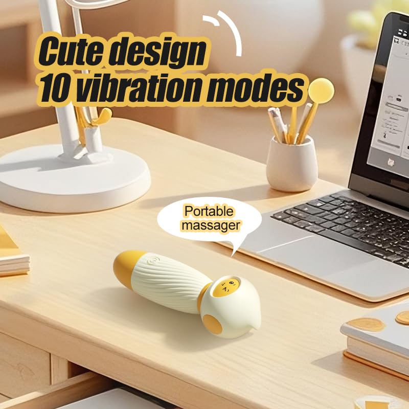 Image of Cute Cartoon Mini Massager - Handheld USB Rechargeable & Quiet - 10 Patterns Personal Vibration Wand for Women Neck, Back, Tension Relief & Sports Recovery (Milky White)
