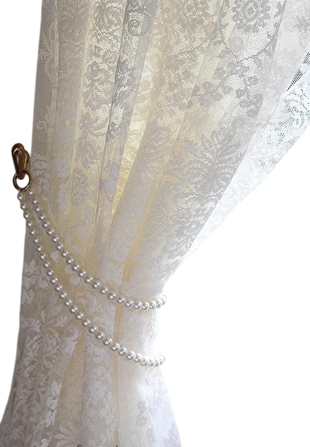 MANBHAR GEMS - Czech Pearls Handmade Metal Rings Curtain Tiebacks Decorative Pearl Beaded Double Layer (1 Pair) Drape Tie Backs Holdback Holder for Home Office Kitchen Sheer (White)-image-29