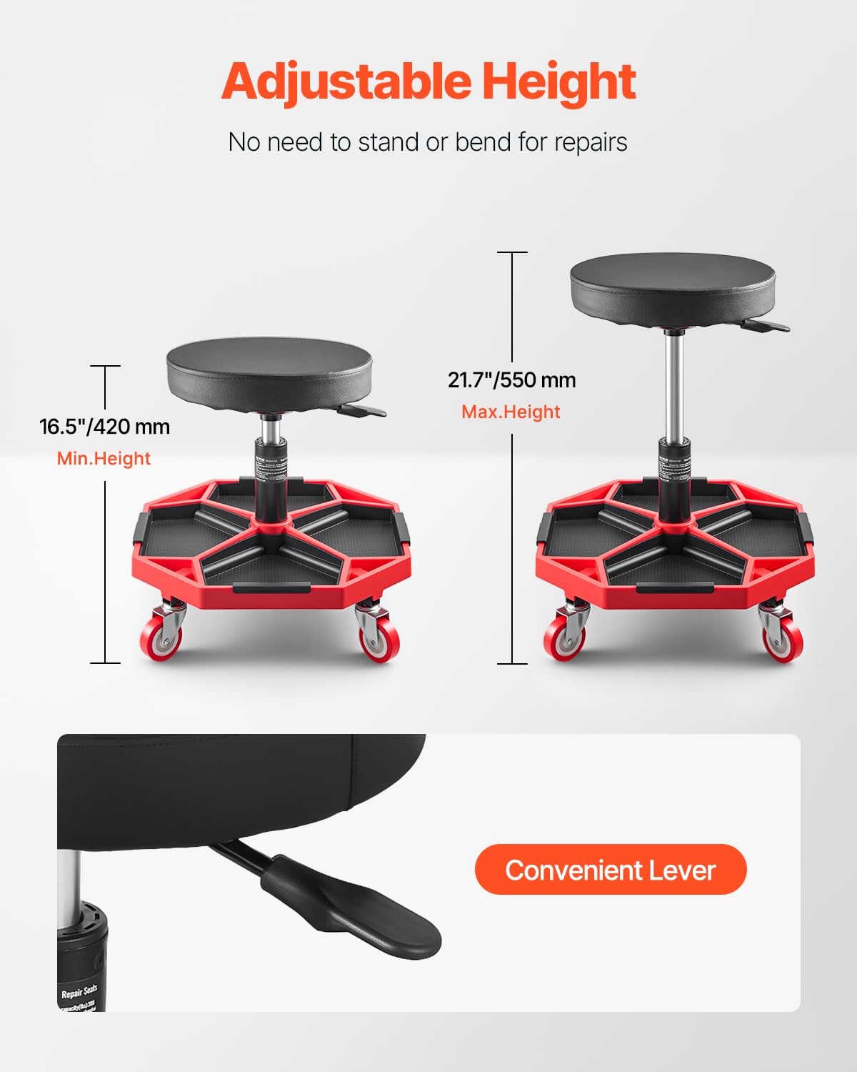 VEVOR Tabouret d'Atelier Mobile, Tabouret de Mécanicien sur roulettes Capacité de Charge 136 kg, Hauteur Réglable, avec Plateaux à Outils, pour Entretien Réparation Automobile Garage, Noir et Rouge