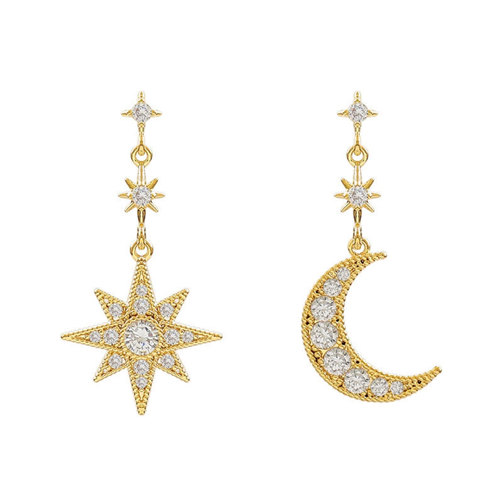 XZEIT Earring Blockage， Needle light octagonal meter mount Star Moon rhinestone asymmetrical earrings for women