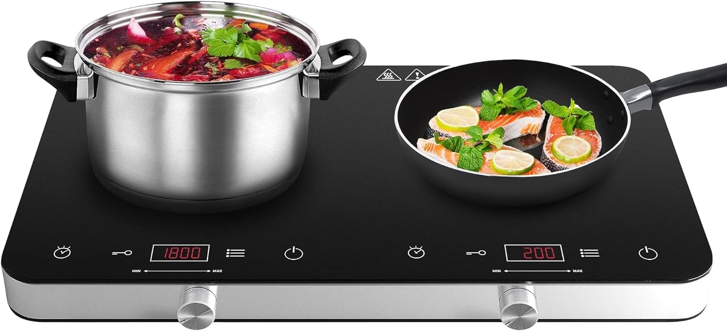 Induction Hob, Double Induction Cooker with Dual-Control (Touch & Knob), 10-Level Adjustable Temperature/Power, 4-Hour Timer, Child Safety Lock, Portable Design, 2800W