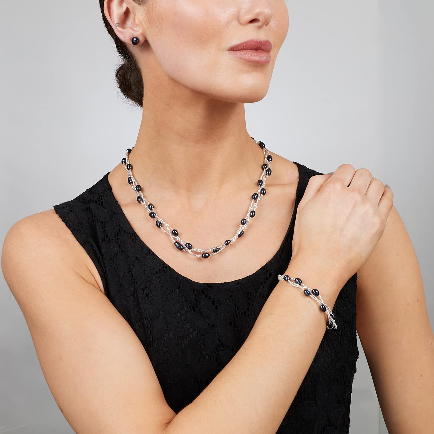 TreasureBay Collar de perlas de agua dulce natural conjunto de joyas de perlas y pendientes