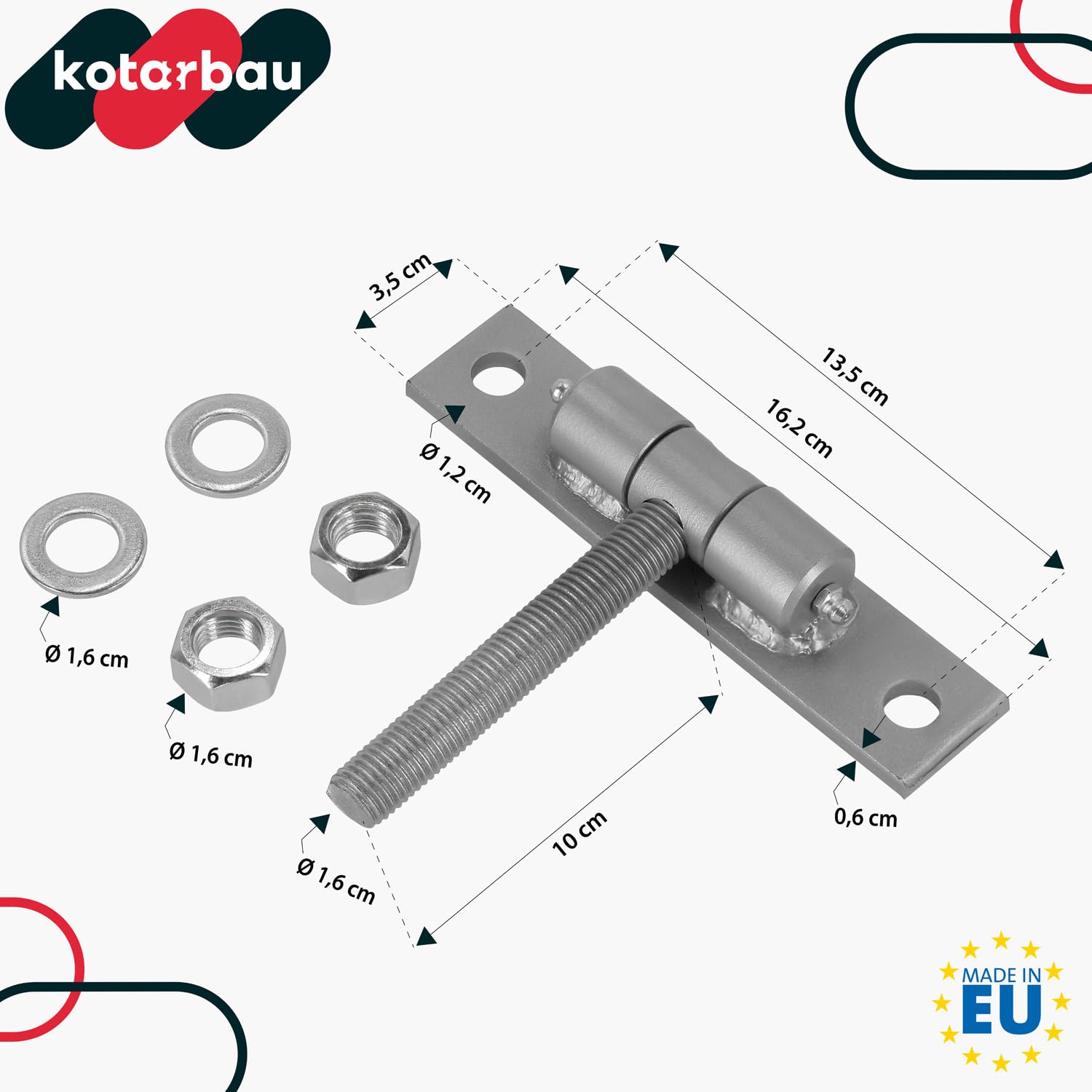 KOTARBAU® - Set di 2 cerniere per cancelli con piastra di montaggio e ugelli per grasso, regolabili, diametro 16 mm, per porte, cancelli, costruzione robusta