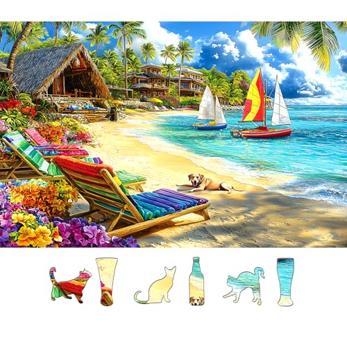 Image of 500 Piece Jigsaw Puzzle for Adults Tropical Beach Summer Scene with Sailboats & Palm Trees, Relaxing Vacation Puzzle with Letters on Back Fun Gift for Seniors, Family, Adults (23x15 Inch)