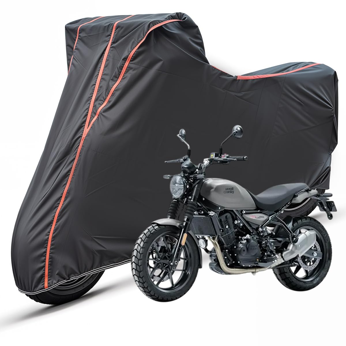 Two Wheelers Bike Body Cover Compatible for Guerrilla 450, UV Resistant, Dustproof, Triple Stitched, Elastic Bottom, Red Piping Motorcycle Cover (Black, Pack of 1)-image-10
