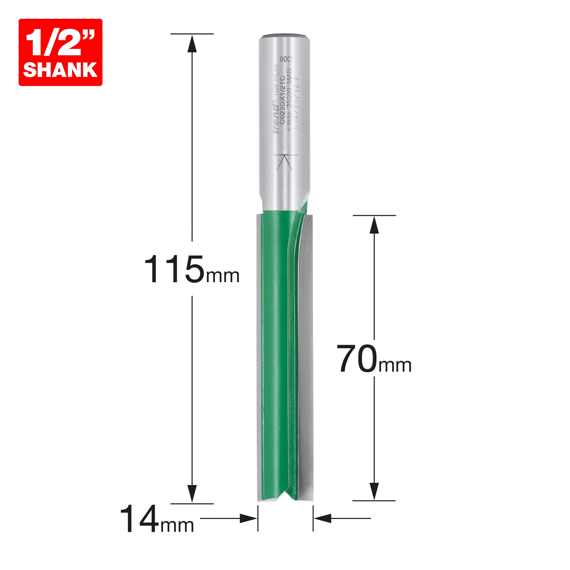 Trend CraftPro frez prosty dwupiórowy do frezarki górnowrzecionowej, trzpień 1/2 cala, średnica cięcia 14 mm, długość cięcia 70 mm, węglik spiekany (TCT), C023DX1/2TC