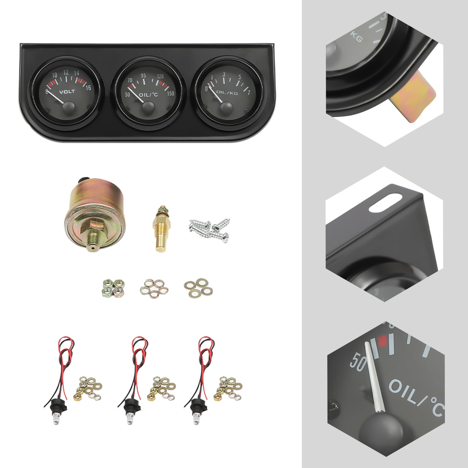 Instrumenty dodatkowe 3 w 1, 52 mm, miernik temperatury oleju, wskaźnik ciśnienia oleju, woltomierz DC 12 V, ciśnieniomierz oleju, czujnik ciśnienia oleju do samochodów ciężarowych, kolor czarny