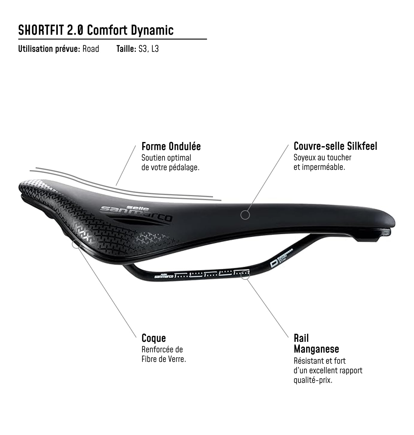 Selle San Marco SHORTFIT 2.0 Comfort Dynamic - Selle Vélo Route, Légère, Trou Anatomique, Cadre Manganèse, Rembourrage - Taille