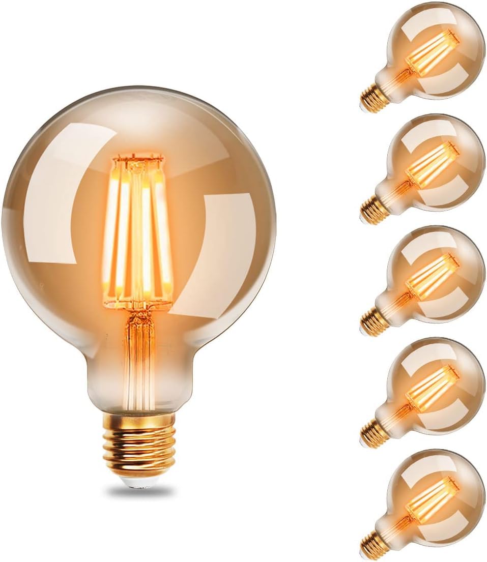 EXTRASTAR Edison Vintage Glühbirne, 95mm Durchmesser, Nicht Dimmbar, G95 E27 LED Filament Lampe, 6W Ersetzt 48W Glühlampe, 540 LM, 2200K Warmweiß, Bernsteinfarbenes Glas, 6 Stück