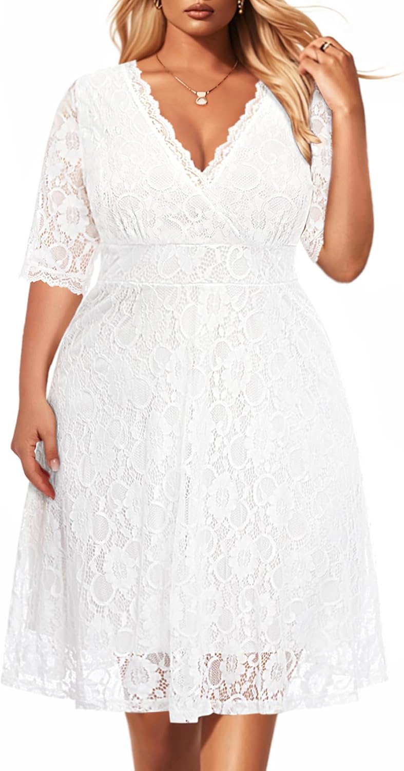 Women's Plus Size Wedding Guest Cocktail Party Semi Formal Lace Wrap V Neck Knee Length Dress