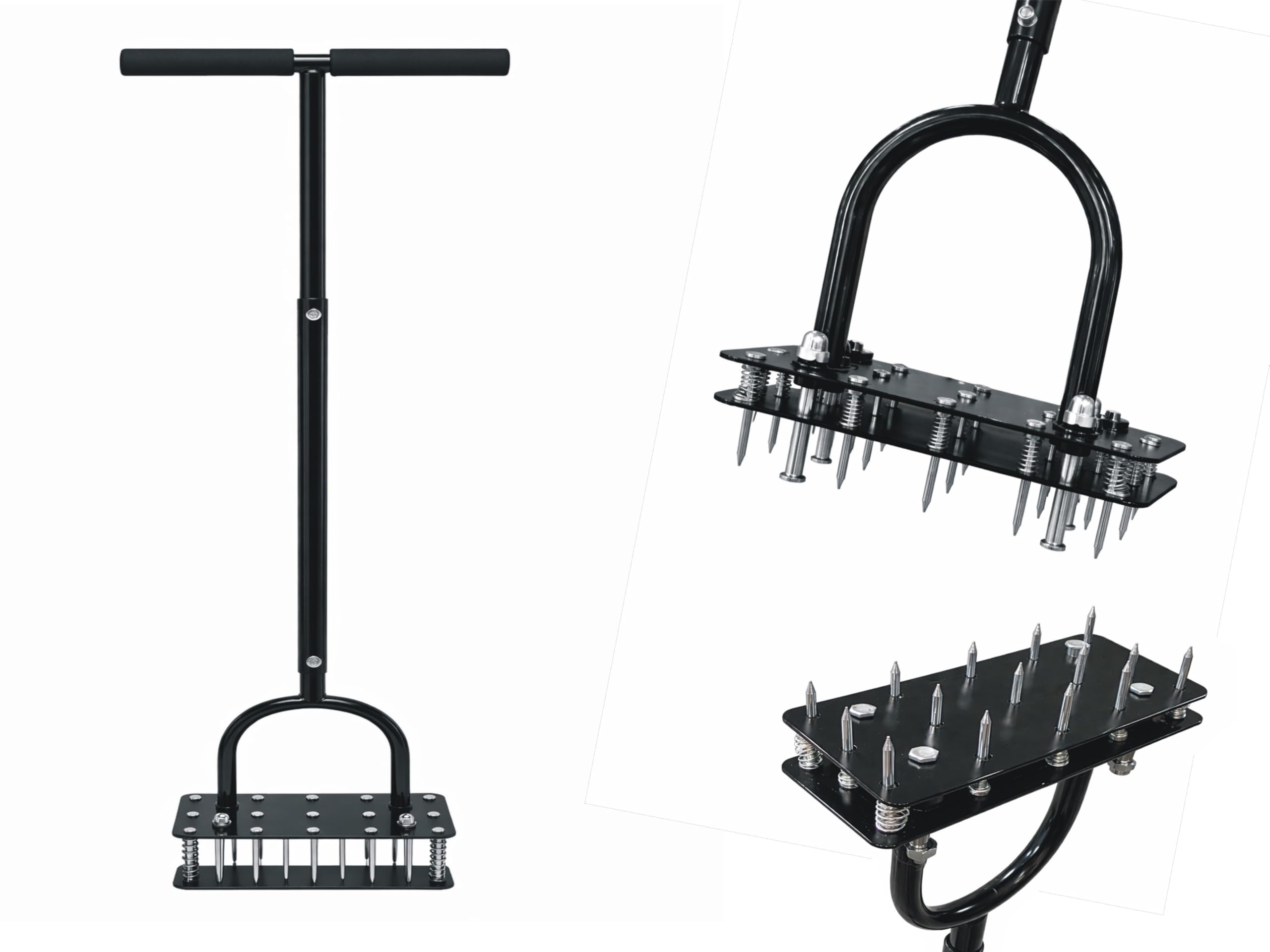 raxter Manual Lawn Aerator Tool with 15 Iron Spikes, Spring-Loaded Metal Dethatching Aerator for Yard, Patio, Garden, 90x36x14cm