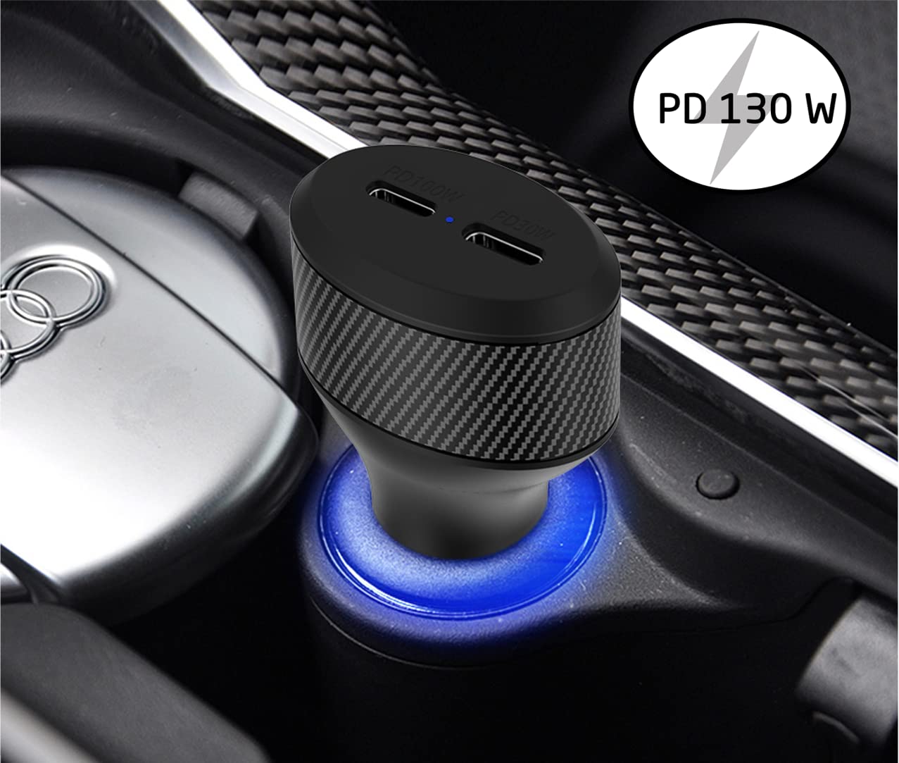 Cargador de coche USB-C de 130 W, 2 compartimentos: cargador de coche de ZACAR con 100 W + 30 W USB-C Power Delivery para 12 V/24 V – Coche/camión/caravana, carga MacBook Samsung Huawei FCP SCP Apple