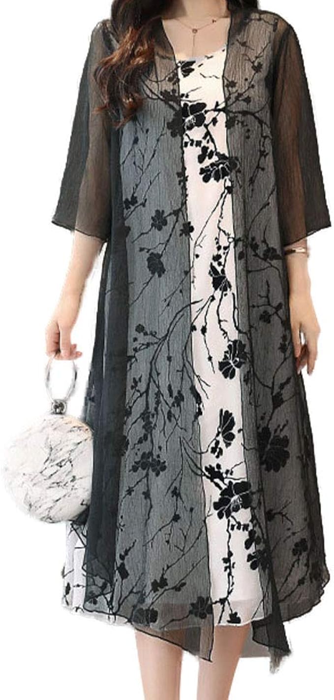 Amazon Co Jp エイチユーエー レディース ワンピース カーディガン 大きいサイズ 花柄 夏 薄手 ロング夏用 ロングワンピース セットアップ 半袖 春 長袖 オフィス ロングワンピース セクシー ドレス オシャレ マキシ 体型カバー ロングドレス キレイメ マキシ丈 結婚式