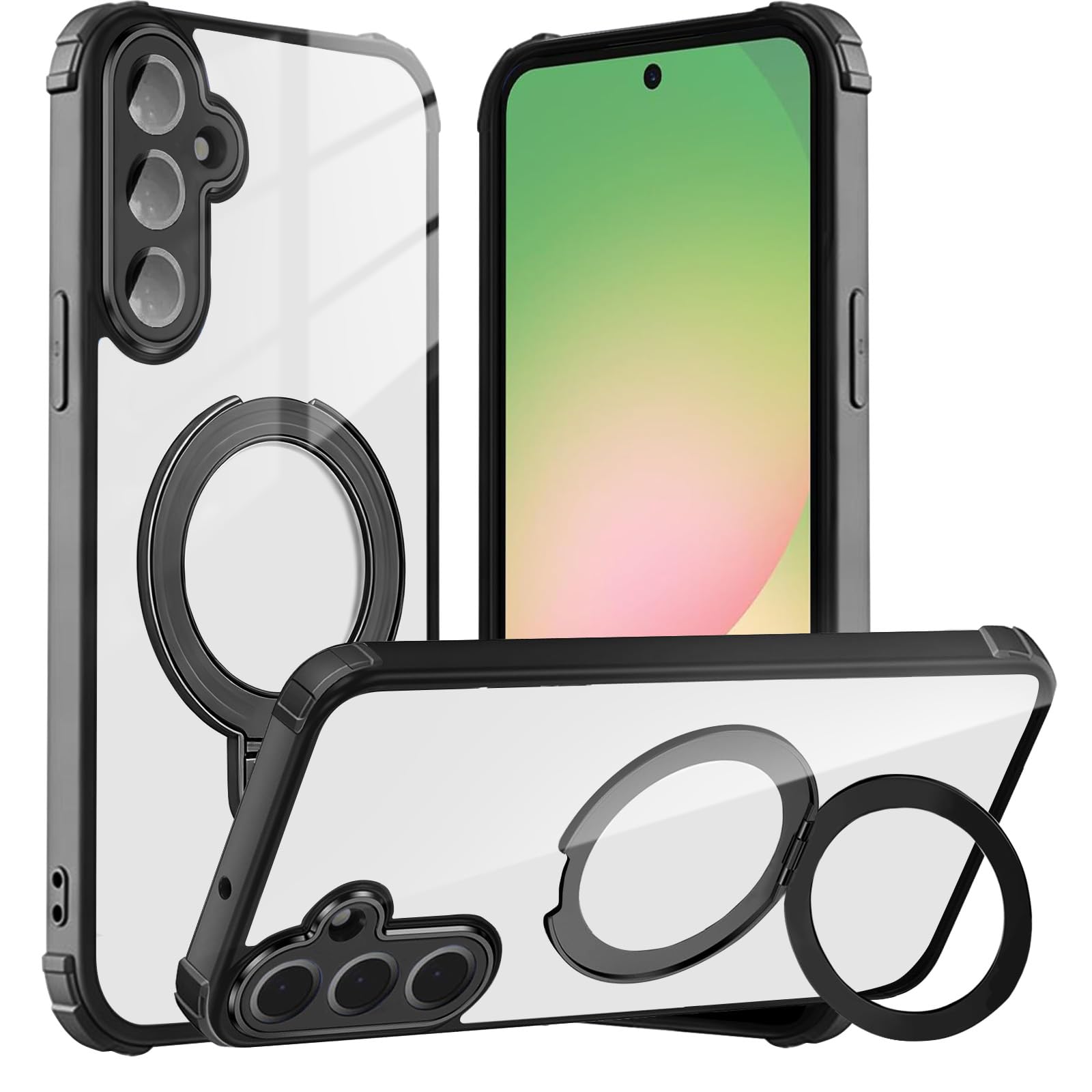 phone case for Realme C65 5G / Realme 13 5G clear back cover with magnetic ring stand camera protection shockproof drop protection TPU bumper case -Black