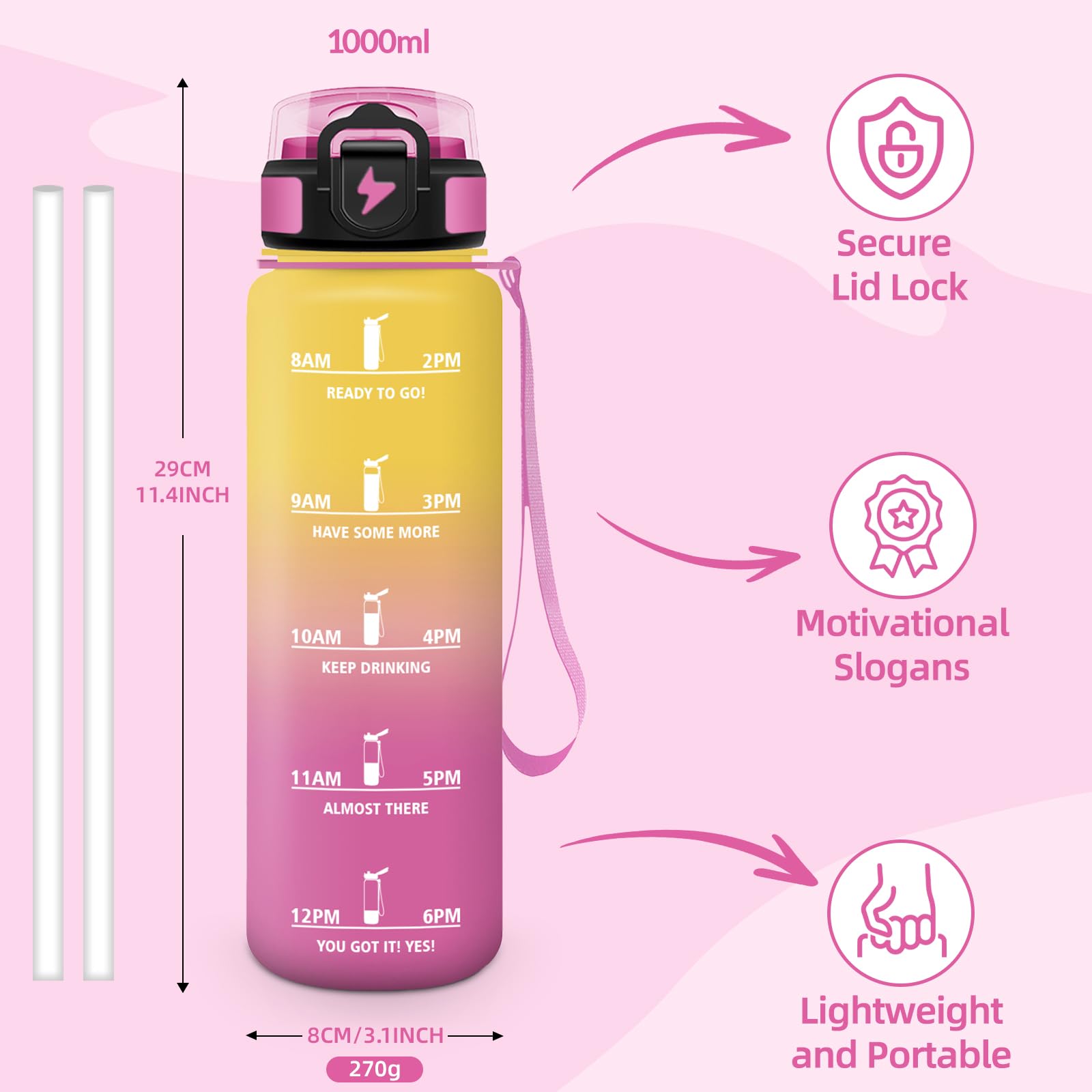 Mulbijeo Borraccia 1 Litro, Libre de BPA & Reutilizables, Borracce con Cannuccia, A Prova di Perdita, Borracce Palestra, Portatile, Borraccia Motivazionale per Scuola, Palestra, Ufficio, Festa