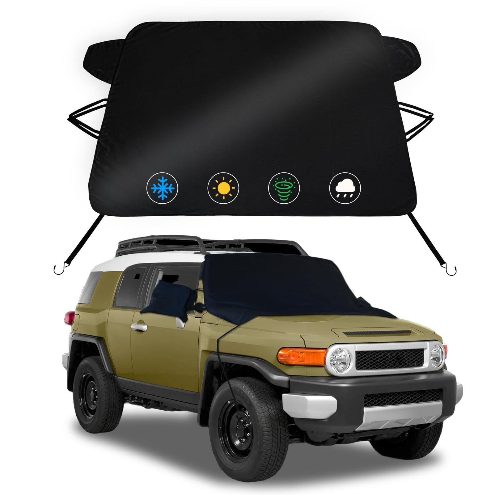 Windshield Snow Cover for Toyota FJ Cruiser Sport 2007-2014 with Side Mirror Cover, 2-Layer Oxford Windshield Cover Include Anti-Theft Strap Protection from Ice &amp; Frost Shield Winter Car Accessories