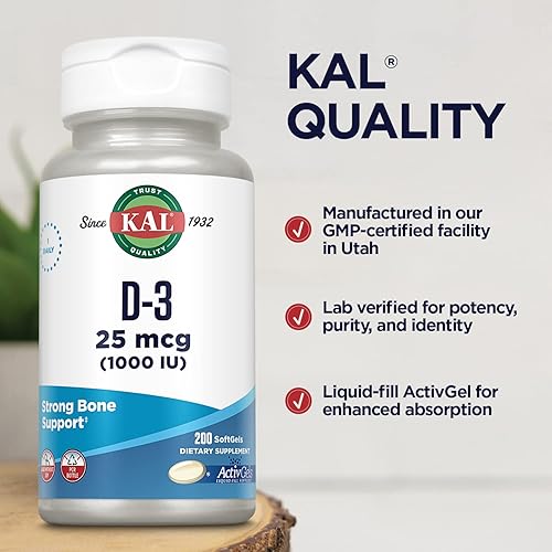 Vista 5 de KAL Vitamina D3 1000 UI cápsulas blandas (25 mcg), forma activa de vitamina D, absorción de calcio, salud ósea, suplemento de apoyo inmunológico